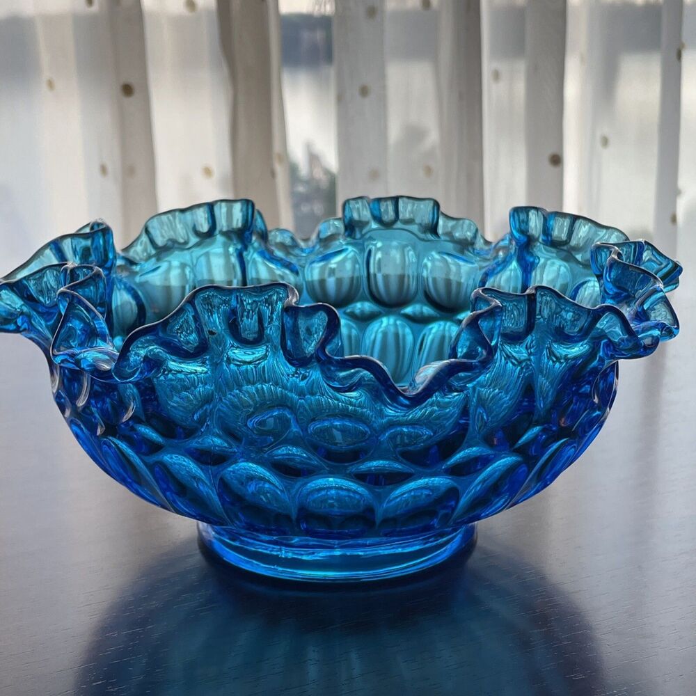 Fenton Vintage Colonial Blue Glass Thumbprint Ruffled Crimped 7 Inch Bowl MCM